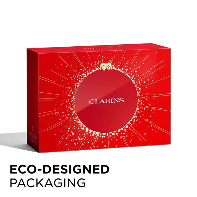 Packshot of Clarins Christmas gift pack with eco-friendly packaging, emphasizing sustainability and thoughtful gift-giving.