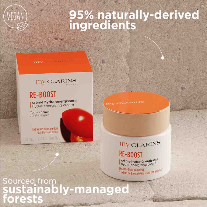My Clarins Re-Boost made from 95% naturally-derived ingredients with packaging sourced from sustainably-managed forests