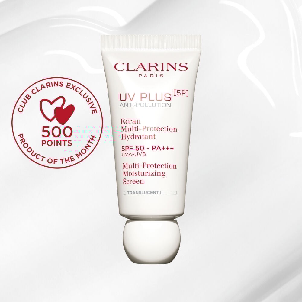 Packshot of a tube of Clarins UV Plus Anti-Pollution Translucent, a Moisturising Fluid with SPF 50 on a white background.