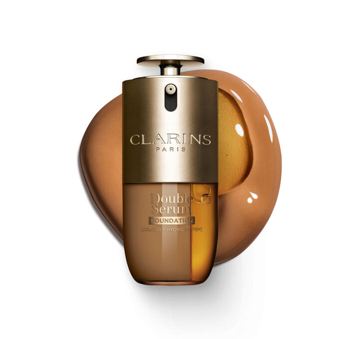 Packshot of Clarins Double Serum Foundation available for every skin tone, featuring key ingredients turmeric and papain 