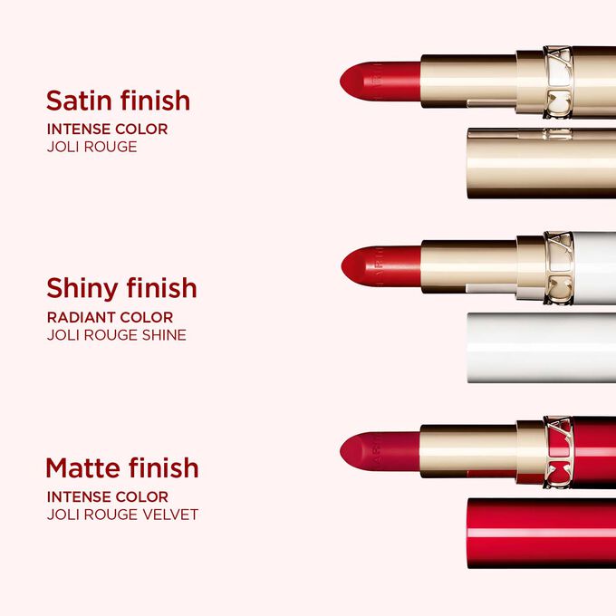 Selection of Clarins lipstick types: satin finish lipstick, shiny finish lipstick, and matte finish lipstick.