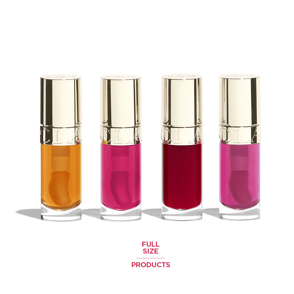 Packshot of the Lip Comfort Holiday Season Gift Set, showing its components: gift package, make-up bag, and selected products.