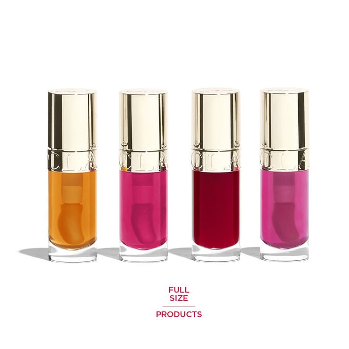 Packshot of the Lip Comfort Holiday Season Gift Set, showing its components: gift package, make-up bag, and selected products.