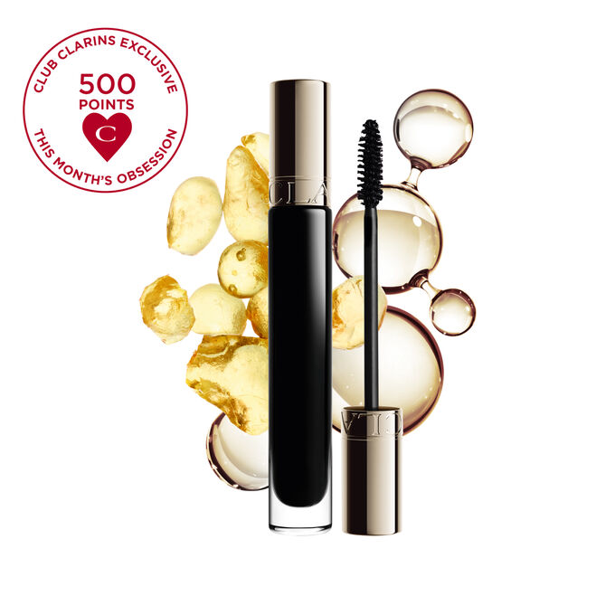 Packshot of Clarins Length Boosting Mascara with Hyaluronic Acid, Sphinganine & Pantheno molecules highlighting its key ingredients.