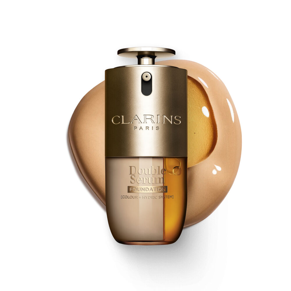 Packshot of Clarins Double Serum Foundation available for every skin tone, featuring key ingredients turmeric and papain 