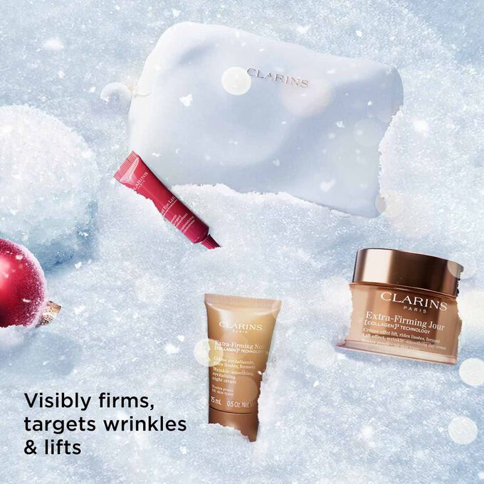 Packshot of Clarins Christmas gift set highlighting firming care that lifts skin, smooths wrinkles, and opens up the eye area