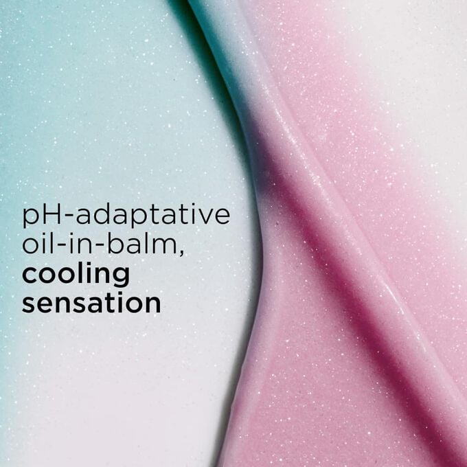 Textured background featuring pink and blue lip balms, illustrating pH-adaptative oil-in-balm with a cooling sensation