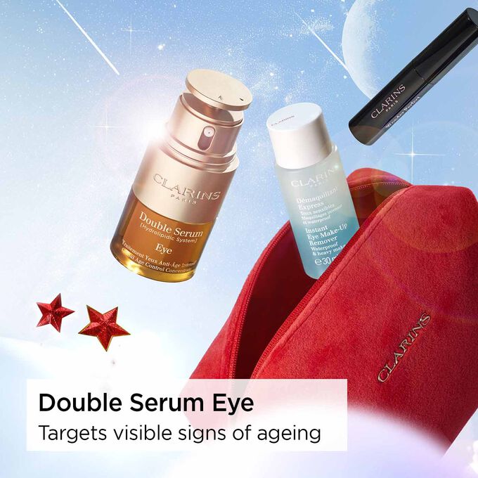 Composition of Clarins Double Serum Eyes Holiday Season Gift Set, focusing on the eye serum and its anti-ageing effects.