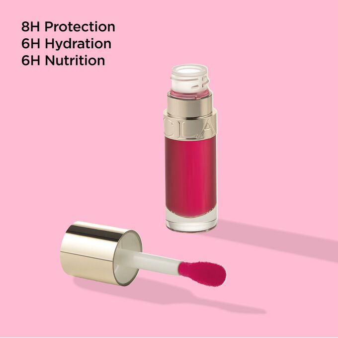 Packshot of Clarins Lip Comfort Oil 04 Pitaya with text emphasising the nourishing, hydrating, and repairing benefits.