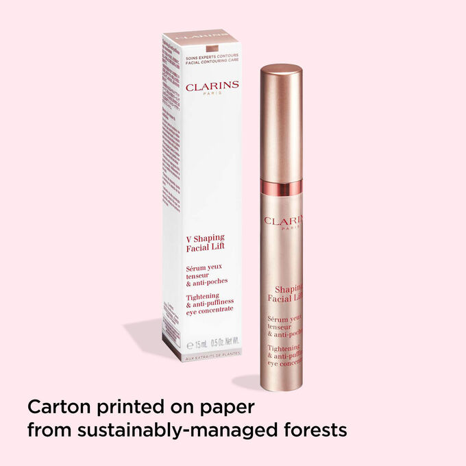 Clarins V Shaping Facial Lift Eye contour gel and its packaging to illustrate the recyclable origin of the packaging.