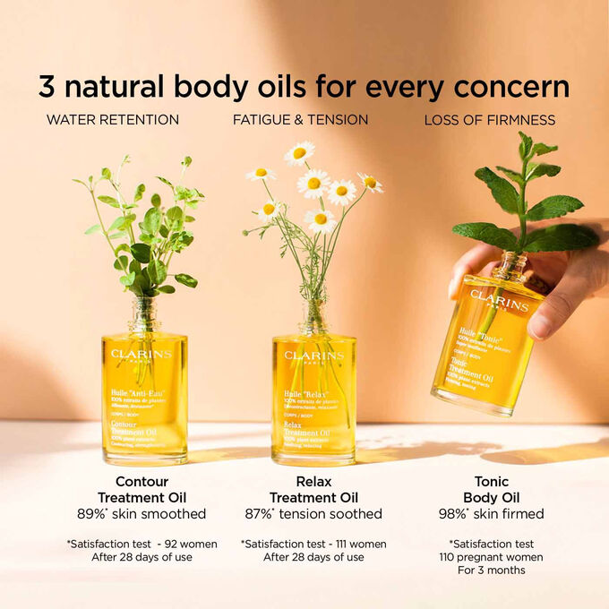 Contour Body Treatment Oil, Relax Treatment Oil and Tonic Body Oil natural oils for every concern