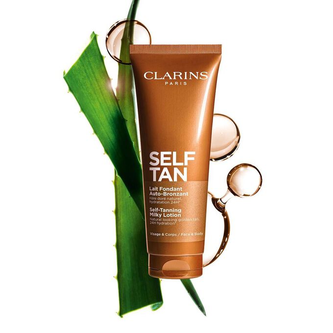 Packshot of Clarins Body Self-Tan Milk with aloe, DHA, and erythrulose molecules highlighting its two key tanning ingredients.