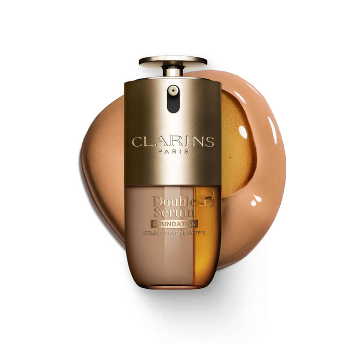 Packshot of Clarins Double Serum Foundation available for every skin tone, featuring key ingredients turmeric and papain 