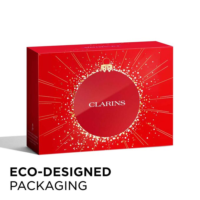 Packshot of Clarins Christmas gift pack with eco-friendly packaging, emphasizing sustainability and thoughtful gift-giving.