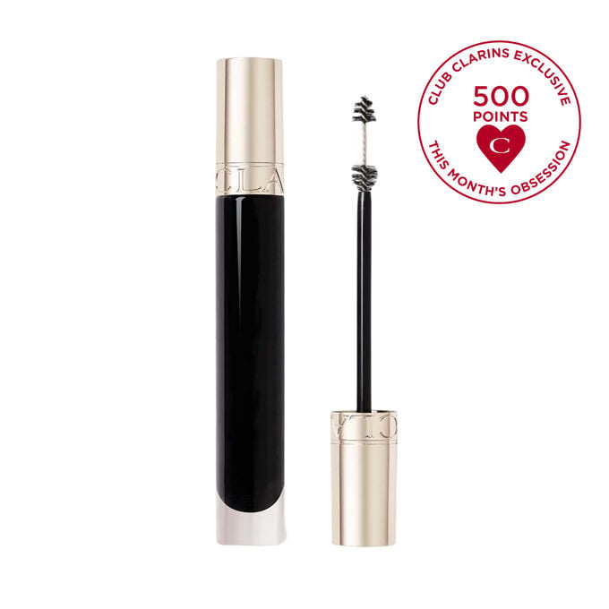 Packshot of Clarins Length Boosting Mascara with Hyaluronic Acid, Sphinganine & Pantheno molecules highlighting its key ingredients.