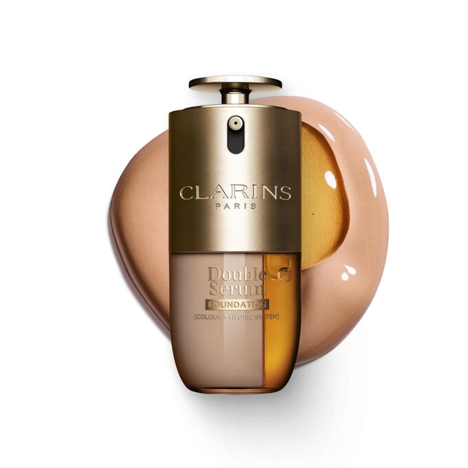 Packshot of Clarins Double Serum Foundation available for every skin tone, featuring key ingredients turmeric and papain 