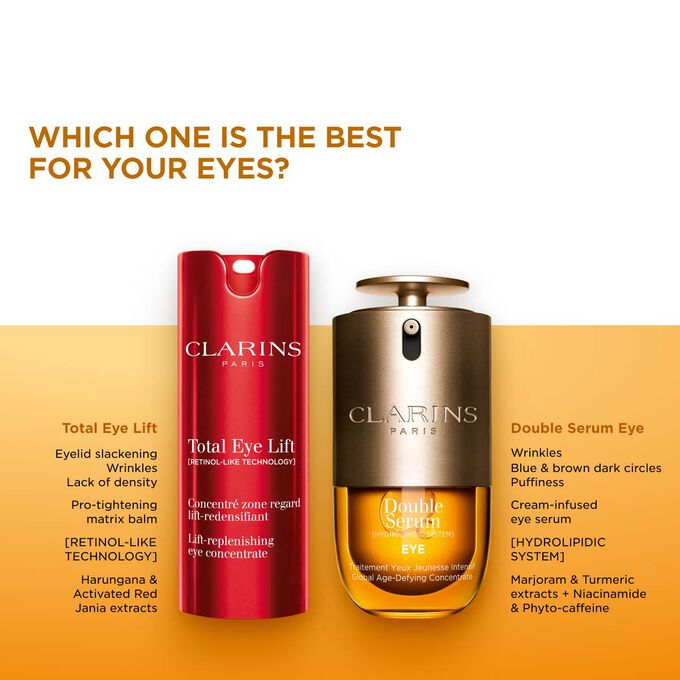 Compare Total Eye Lift and Double Serum Eye contour serum  to find your best anti-ageing care.