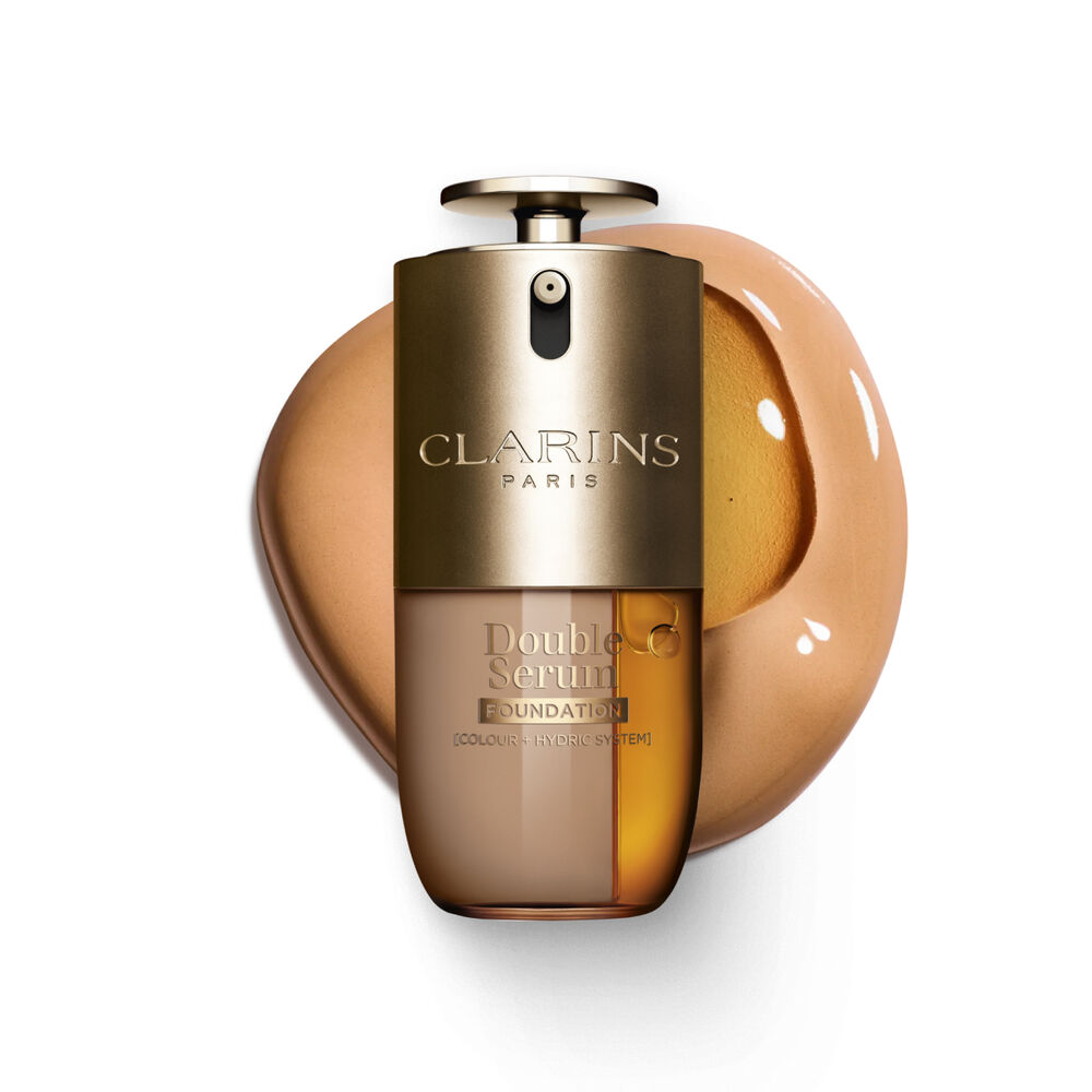 Packshot of Clarins Double Serum Foundation available for every skin tone, featuring key ingredients turmeric and papain 