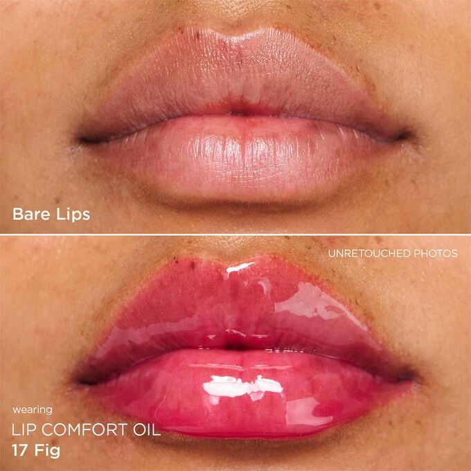 Before and after close-up of a woman’s lips, showing the results after applying the dark purple lip oil.