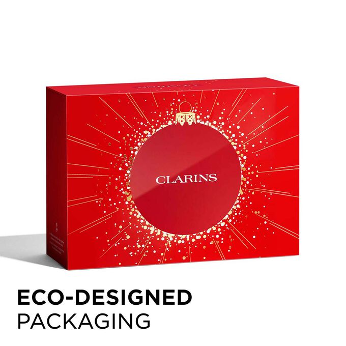 Packshot of Clarins Christmas gift pack with eco-friendly packaging, emphasizing sustainability and thoughtful gift-giving.