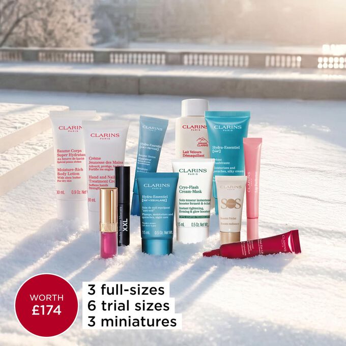 Clarins 12 day beauty advent calendar filled with skincare bodycare and makeup full size and travel minis in red box.