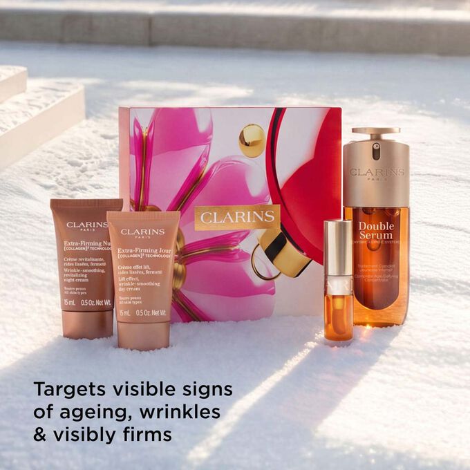 Packshot of Clarins anti-aging skincare set offering visible lifting, firming and smoothing results for a radiant younger look