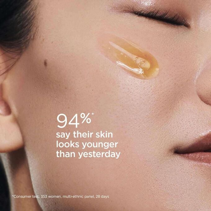 Focus on a woman's cheek to show that with Clarins Double Serum, 94% of 353 women in a 28-day test say their skin looks younger.