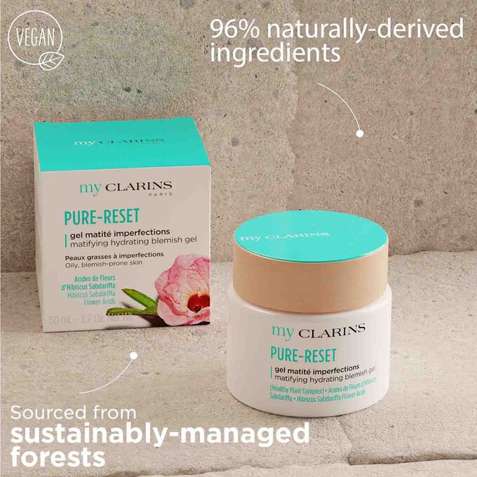 My Clarins Pure-Reset Gel made from 96% naturally-derived ingredients with packaging sourced from sustainably-managed forests