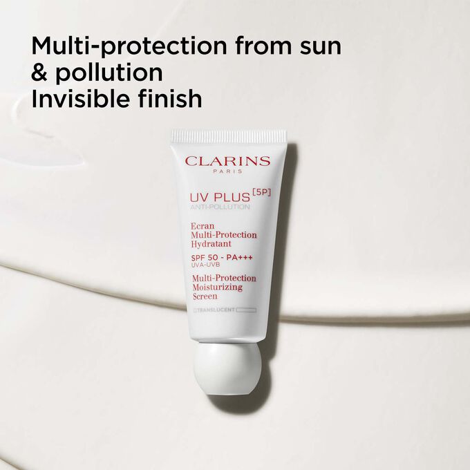 Packshot of Clarins UV Plus Anti-Pollution in Translucent, providing an invisible finish with sun and pollution protection.