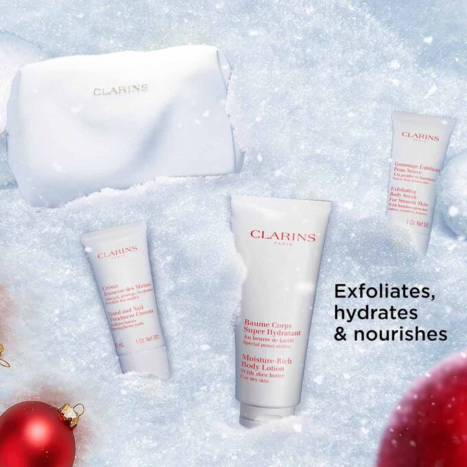 Packshot of Clarins Christmas body gift set highlighting exfoliating, hydrating, and nourishing skincare for smooth soft skin