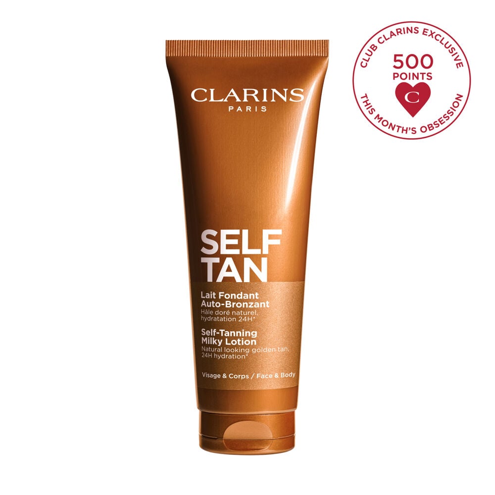 Packshot of Clarins Body Self-Tan Milk with aloe, DHA, and erythrulose molecules highlighting its two key tanning ingredients.