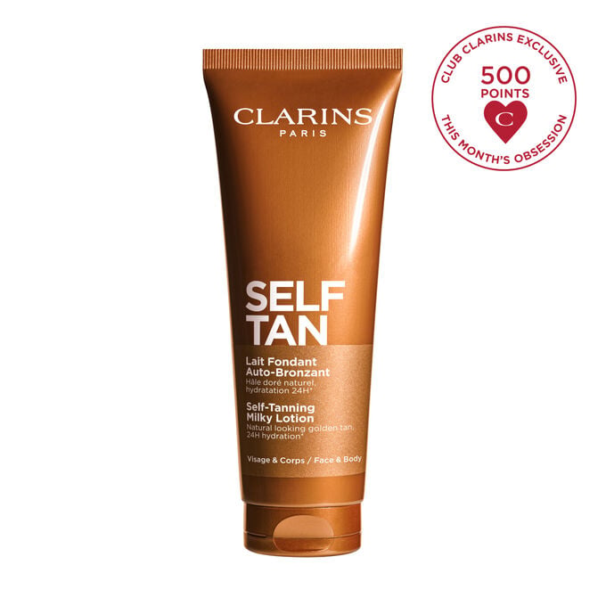 Packshot of Clarins Body Self-Tan Milk with aloe, DHA, and erythrulose molecules highlighting its two key tanning ingredients.