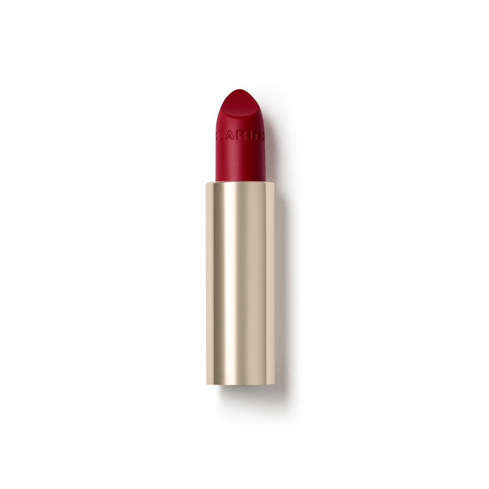 Packshot of the refillable red lipstick Joli Rouge in Shade 742V by Clarins, highlighting its sustainable and elegant design