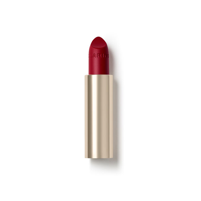 Packshot of the refillable red lipstick Joli Rouge in Shade 742V by Clarins, highlighting its sustainable and elegant design