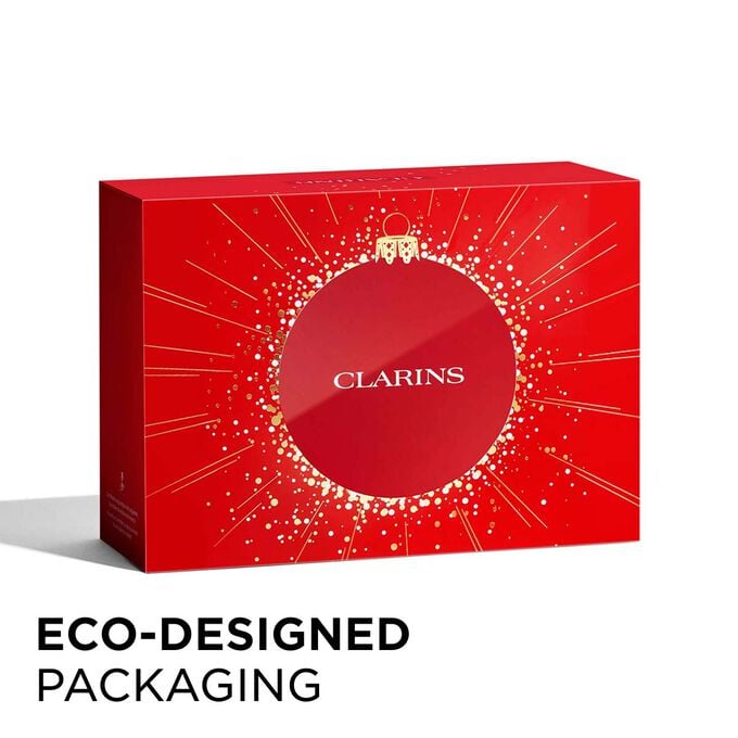 Packshot of Clarins Christmas gift pack with eco-friendly packaging, emphasizing sustainability and thoughtful gift-giving.