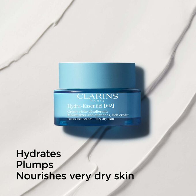 Image of Clarins Hydra-Essentiel Rich Cream, with hyaluronic acid for very dry skin, providing plumpness and nourishment.