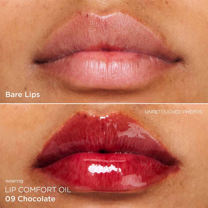 Before and after close-up of a woman’s lips, showing the results after applying the chocolate tone lip oil.