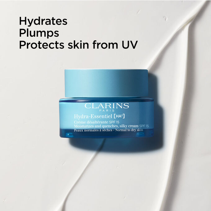 Packshot of Clarins Hydra-Essentiel SPF15 with text emphasising its UV protecting action and its plumping benefits.