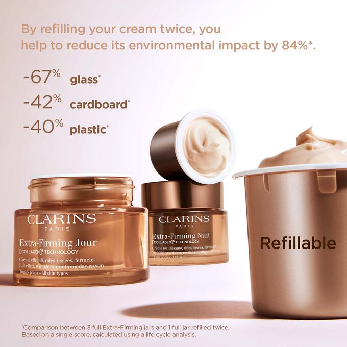 Focus on the Extra-Firming Day Cream packaging to illustrate that refillable day cream is a sustainable and economical option.