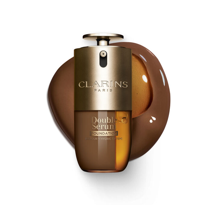 Packshot of Clarins Double Serum Foundation available for every skin tone, featuring key ingredients turmeric and papain 