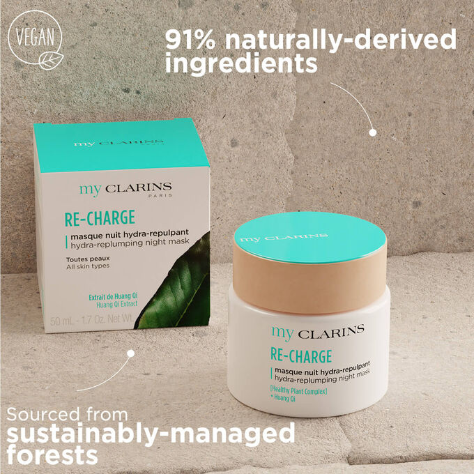 My Clarins Re-Charge made from 91% naturally-derived ingredients with packaging sourced from sustainably-managed forests