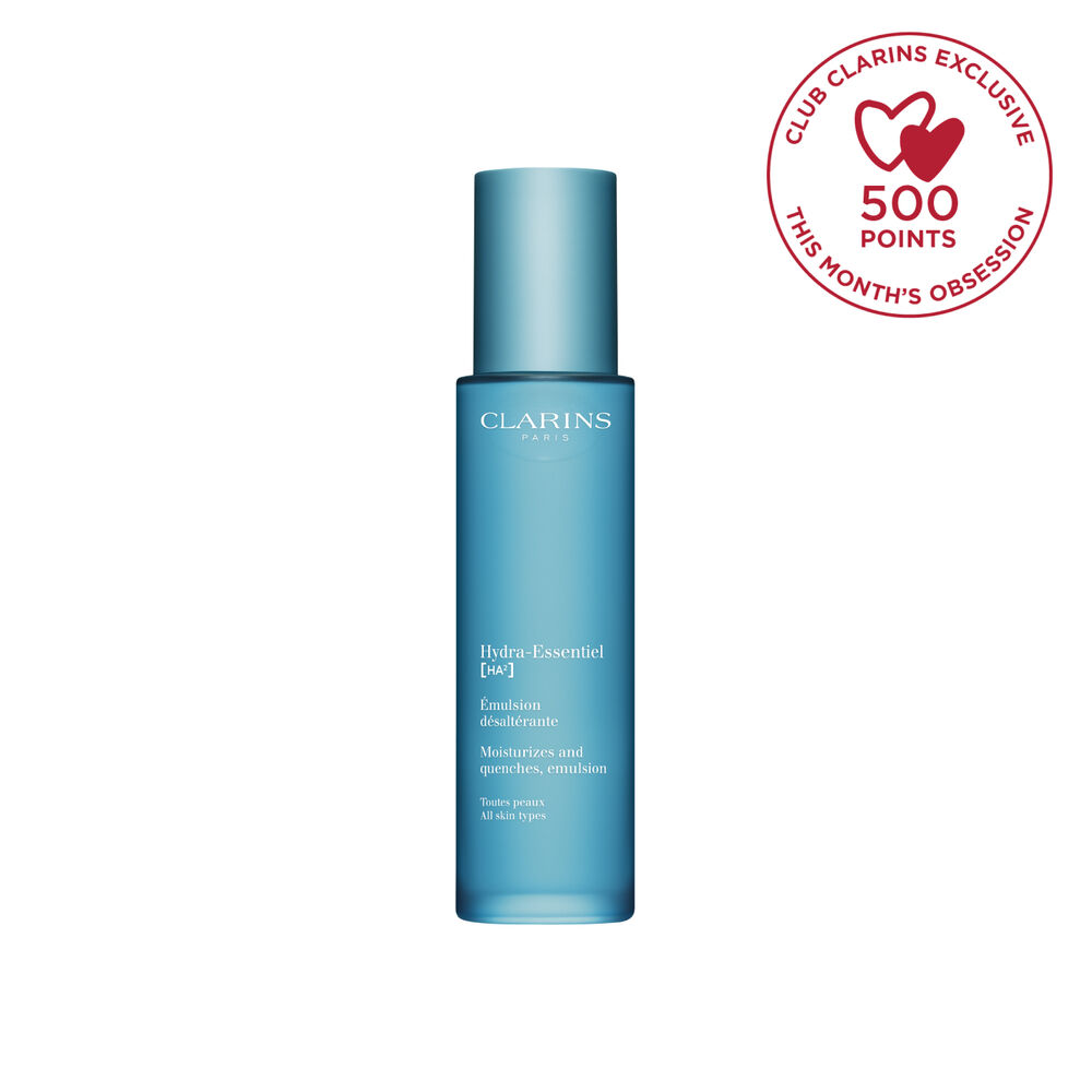 Packshot of Clarins Hydra-Essentiel 23 Emulsion close to a Damascus rose and a Kalanchoe leave on a blue background.