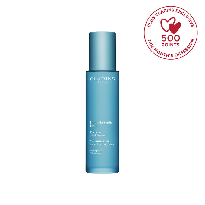 Packshot of Clarins Hydra-Essentiel 23 Emulsion close to a Damascus rose and a Kalanchoe leave on a blue background.