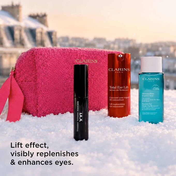 Total eye lift set with eye makeup remover and mascara to visibly replenish lift skin firm contours and enhance eyes.