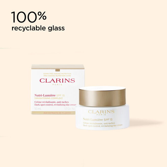 Jar of anti-ageing cream: Nutri-Lumière SPF15 and its packaging to illustrate the recyclable origin of the packaging.