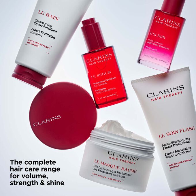 Clarins Hair Therapy full range: five treatments for scalp and hair to boost volume, strength, and shine.
