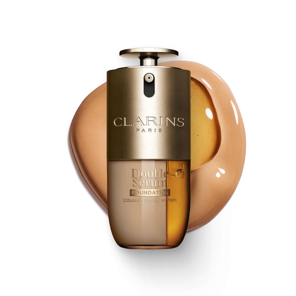 Packshot of Clarins Double Serum Foundation available for every skin tone, featuring key ingredients turmeric and papain 