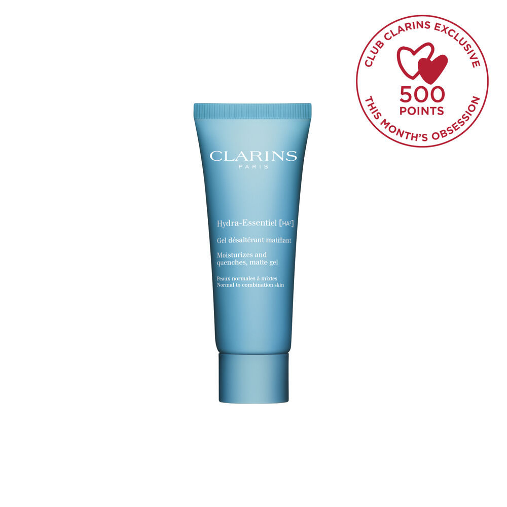 Image shows Clarins Hydra-Essentiel Matte Gel, a daytime face gel enriched with hyaluronic acid that hydrates and mattifies.