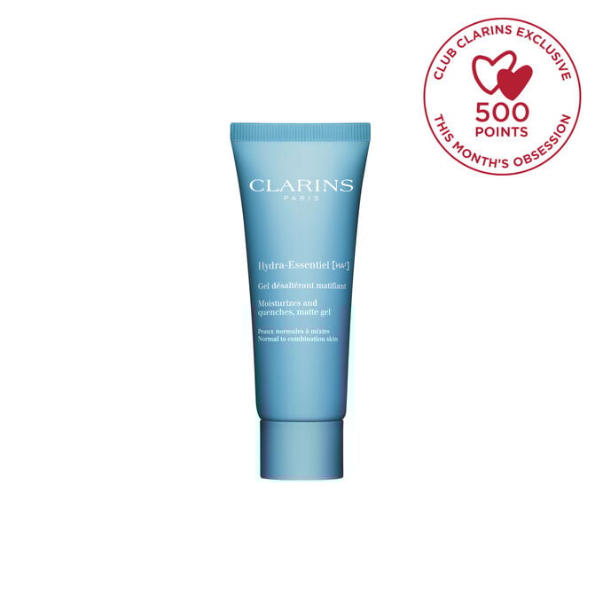 Image shows Clarins Hydra-Essentiel Matte Gel, a daytime face gel enriched with hyaluronic acid that hydrates and mattifies.