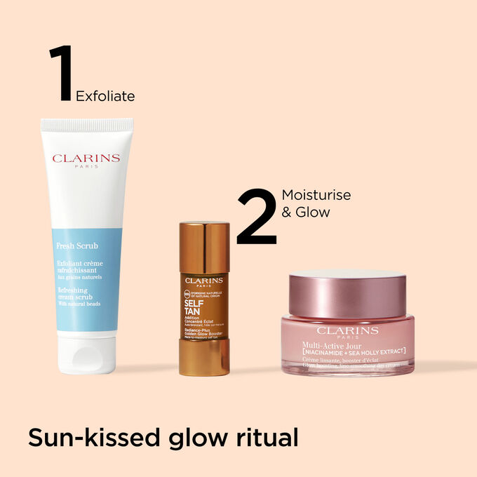 Packshot of Clarins' progressive self-tanning skincare routine range for a progressive sun-kissed complexion without sun.